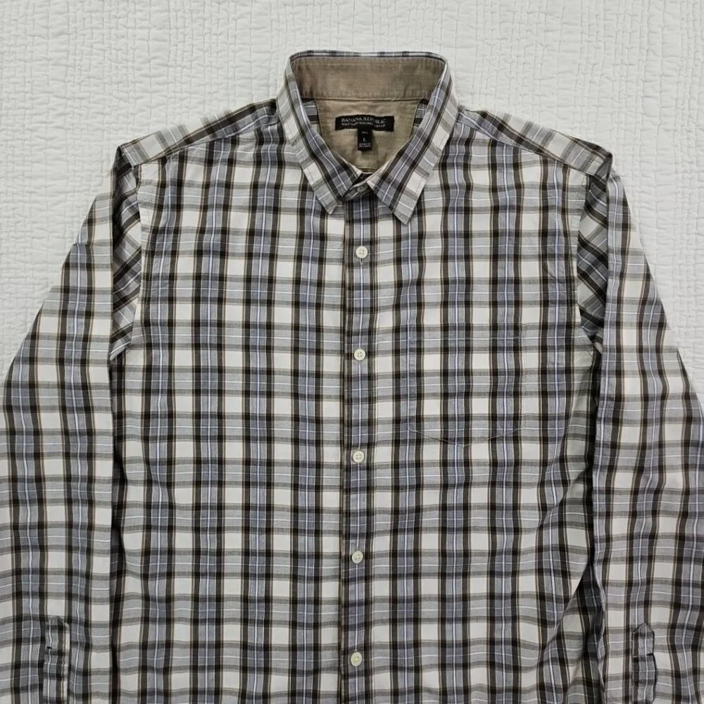 Banana Republic Shirt Men's L Tall Brown Plaid Soft Wash Tailored Slim Fit‎ EUC
